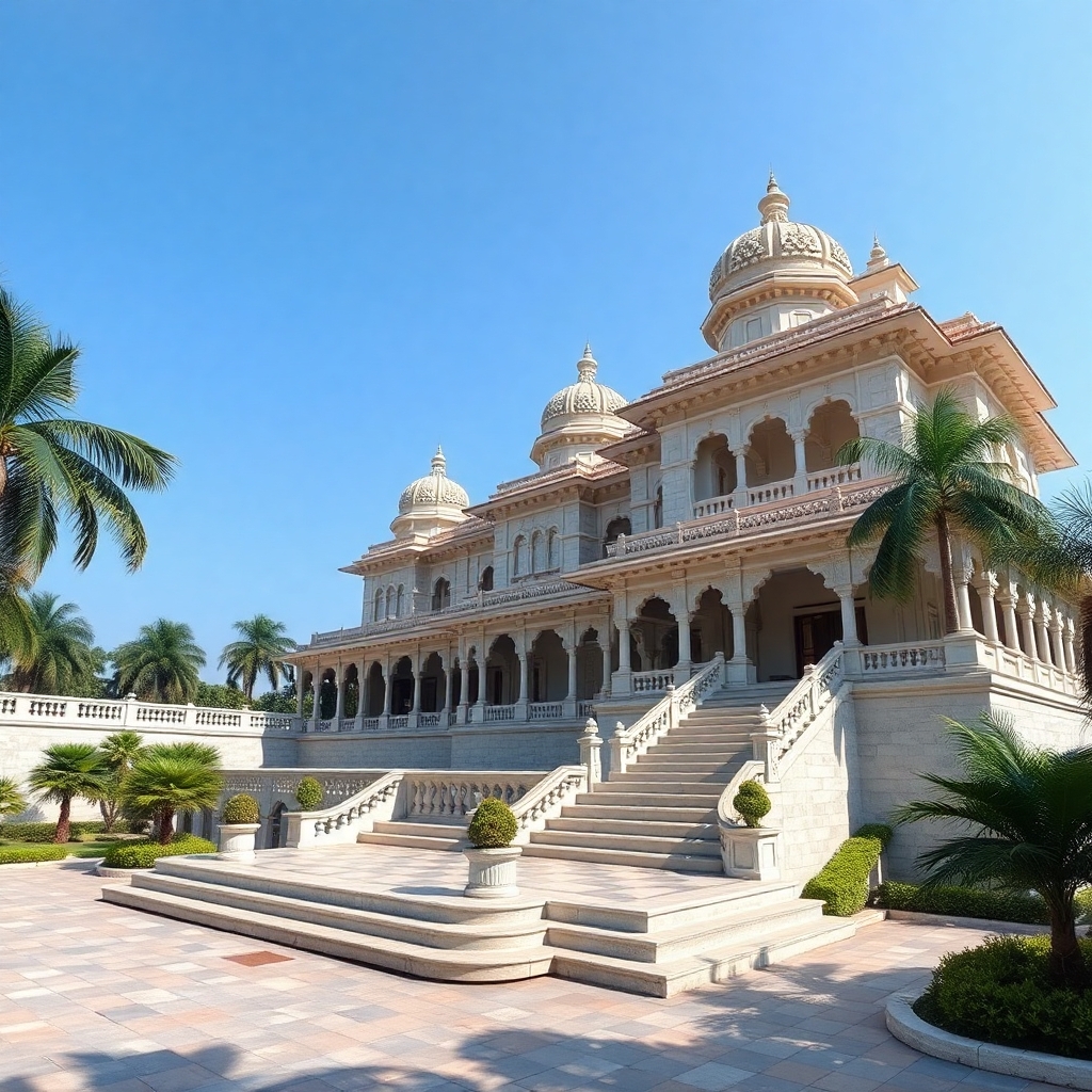 a massive and grand mansion in southern Indian architecture
