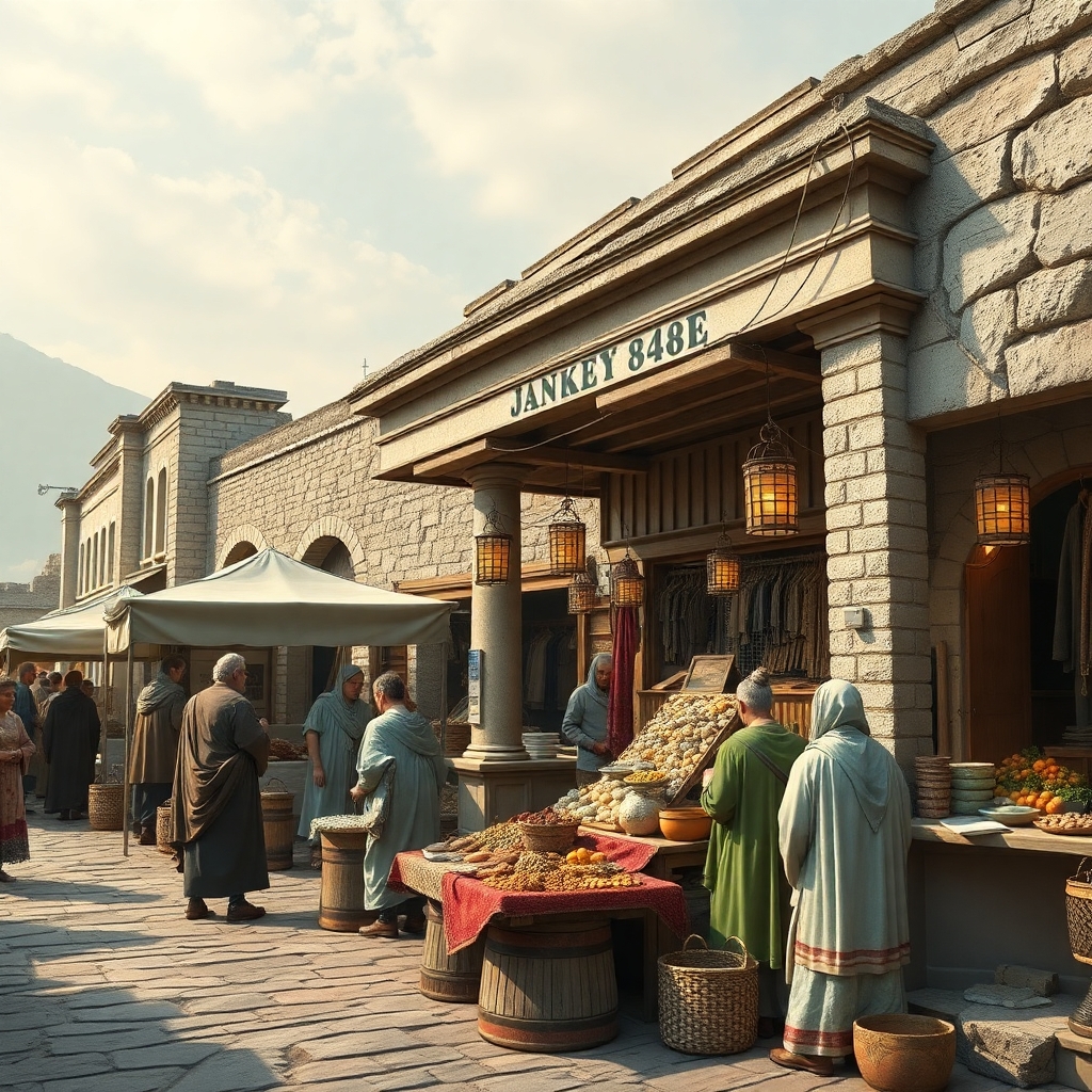 a realistic picture looking at  an ancient Greece market in the year 840