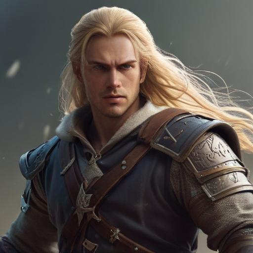 male ranger wearing medieval clothing, long blonde hair, holding a medieval sword "not armor"