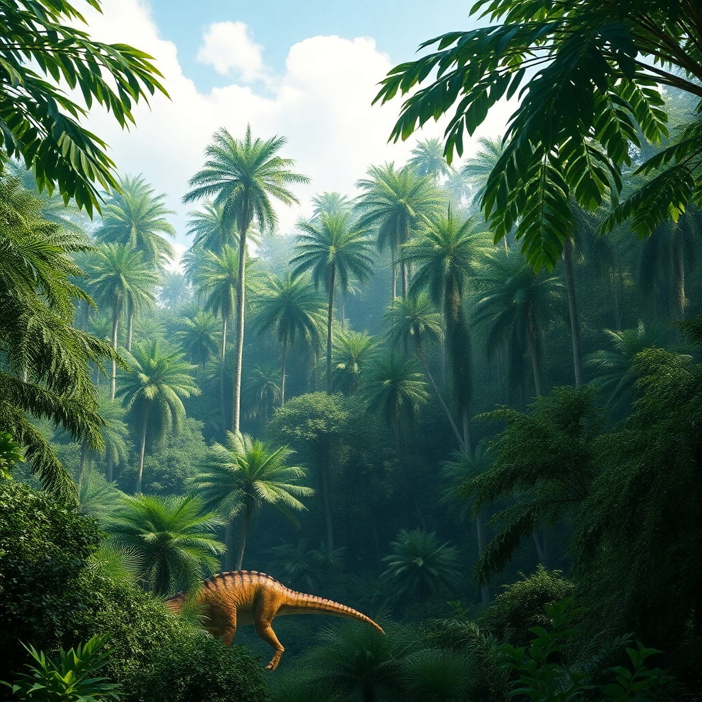 a photorealistic picture of a prehistoric jungle with full leafy trees and with no dinosaurs