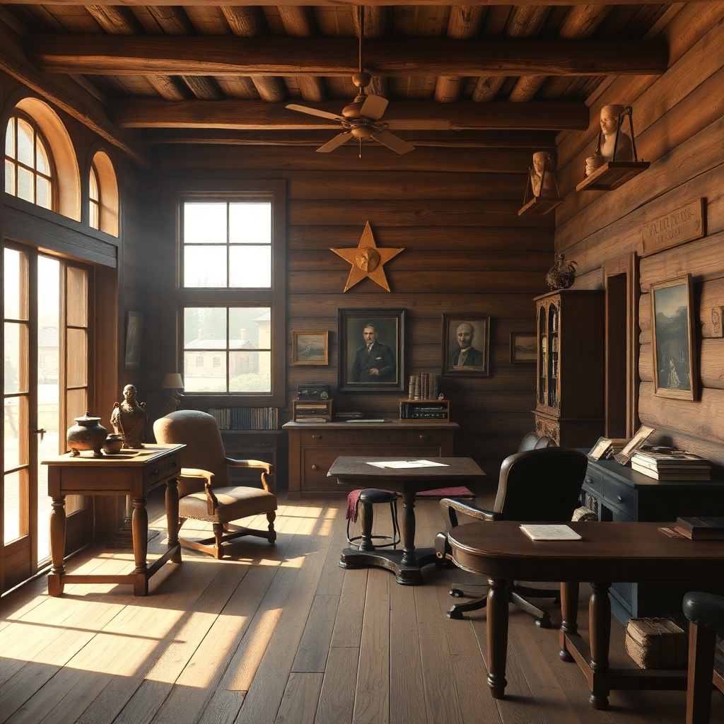 a photorealistic picture of an old wild west sheriff's building inside his office
