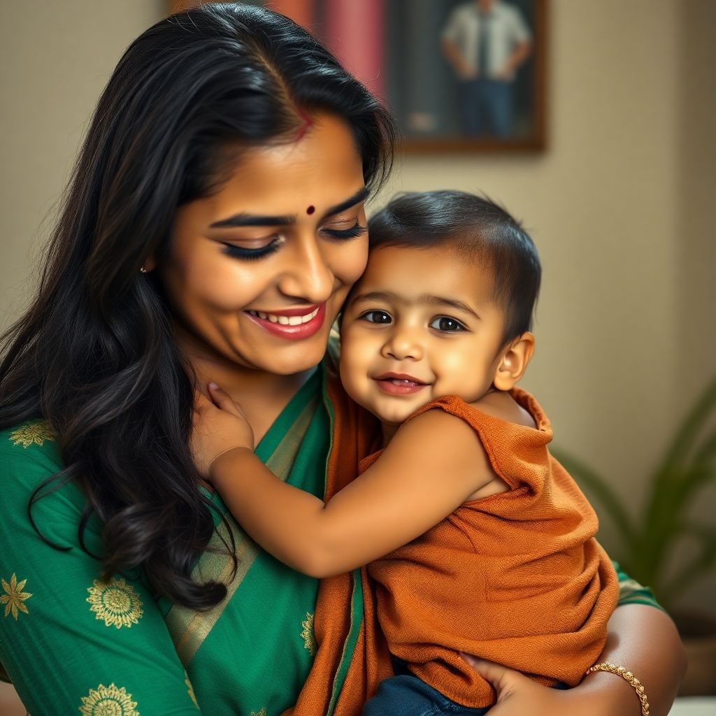 Create a young 35 years educated Indian Mother cuddling her one year ols child all fair complexioned