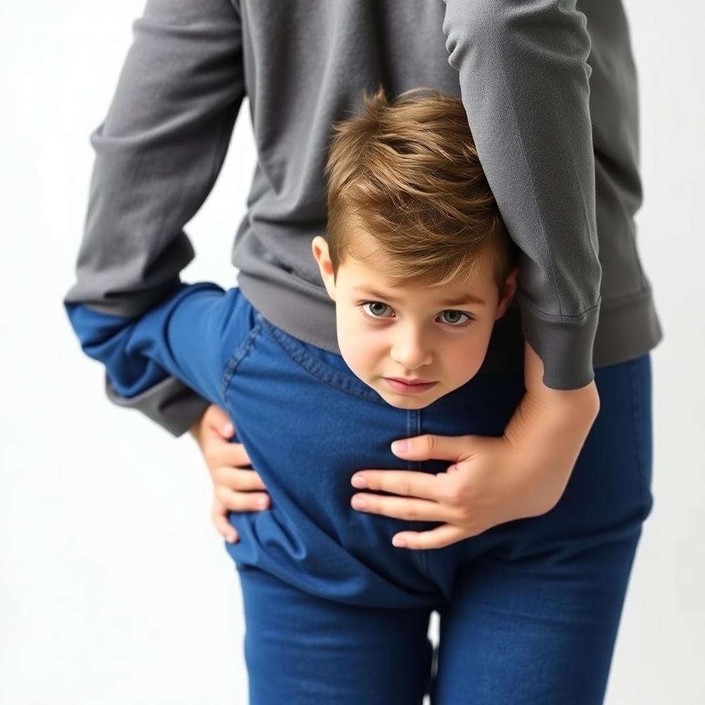 please create a photorealistic image of a 10 year old boy hiding behind his mother, his hands on her hips and peeking out from behind her with fear on his face against a flat white background.