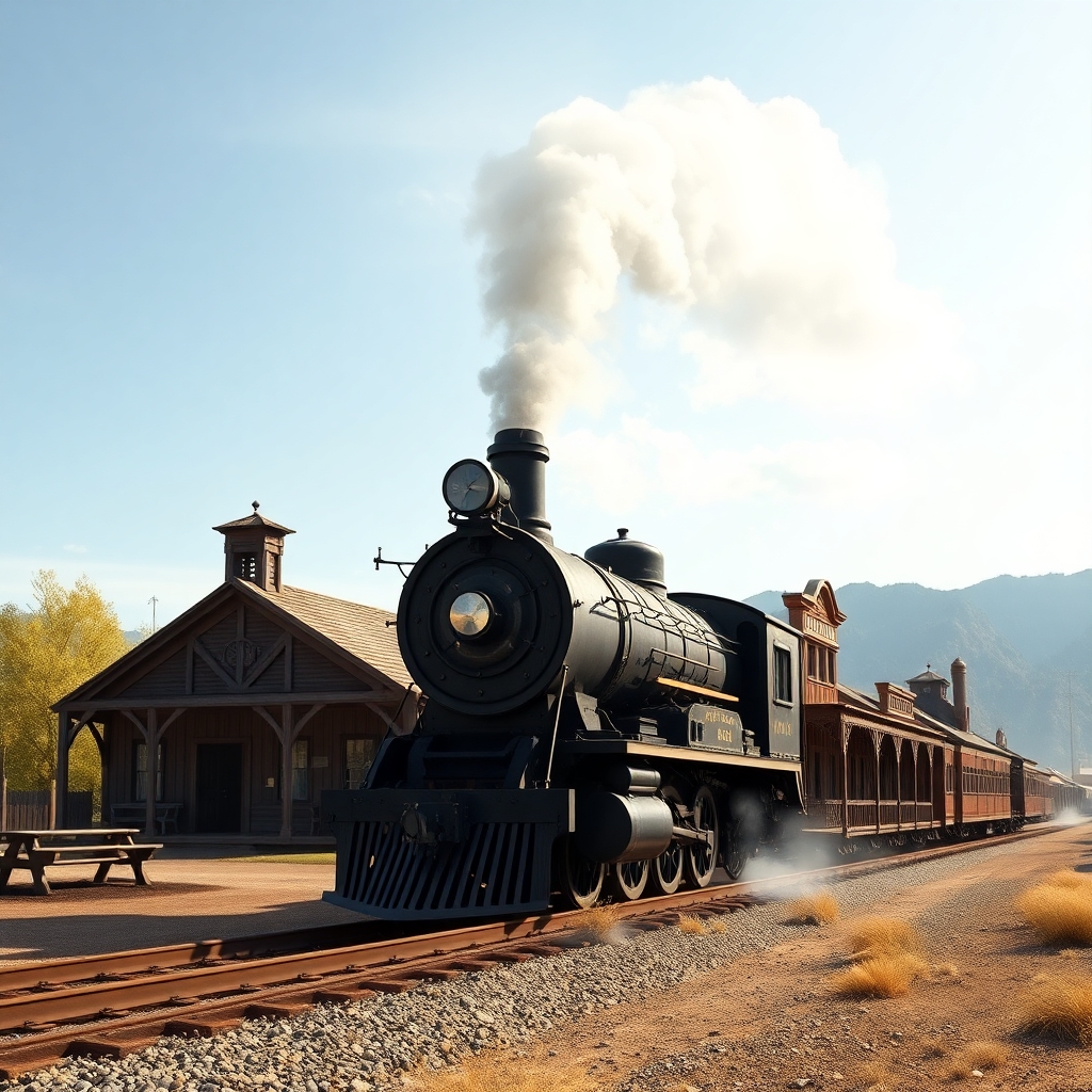 a photorealistic picture of an old wild west train station with a steam train in the photo