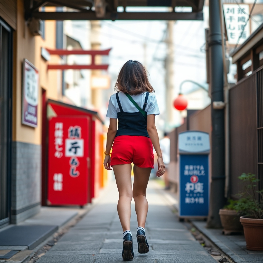 a realistic picture of a full body photo of a fit and beautiful japanese girl walking away from the camera