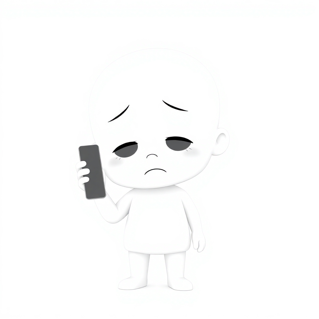 minimalist 3d white-on-white cartoon-like child very sad talking on a cell phone no facial features. no hair. no clothes. transparent background.