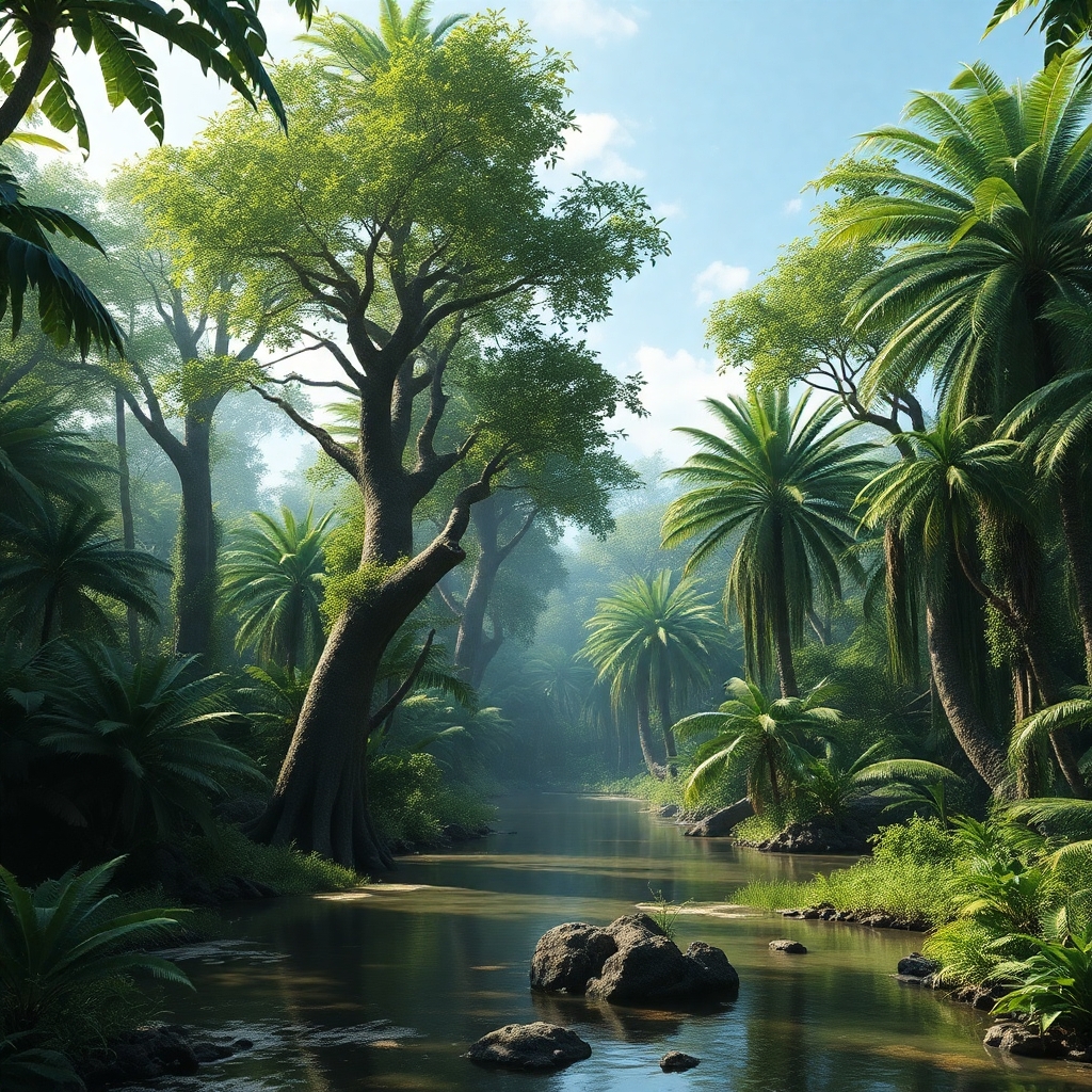 a photorealistic picture of a prehistoric jungle with full leafy trees and water on the groundand with no dinosaurs