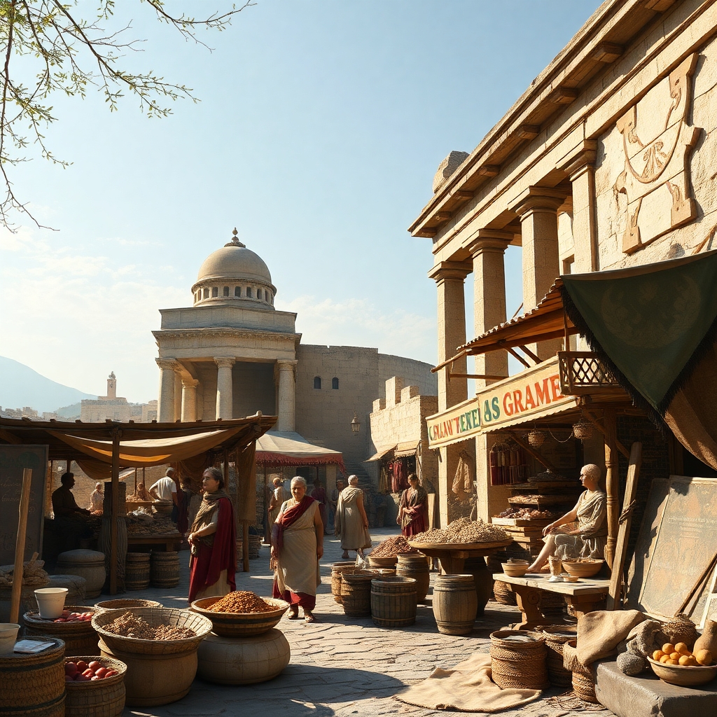 a realistic picture looking at  an ancient Greece market in the year 840