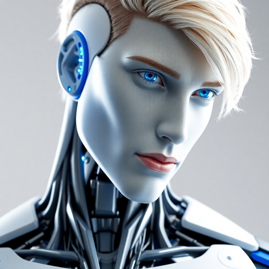 realistic full body blue and white cybernetic guy blonde hair, handsome, muscular