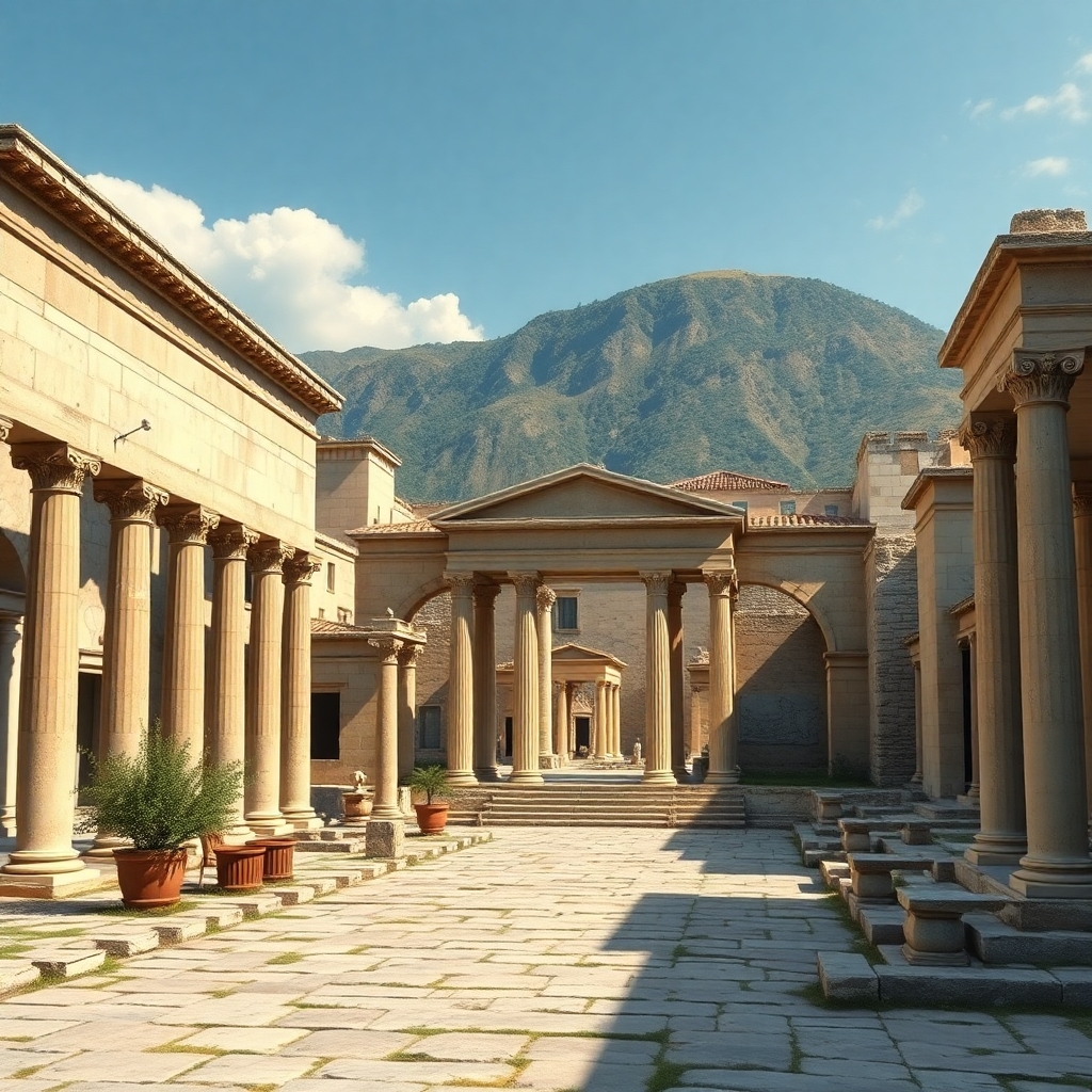 a realistic picture looking at  an ancient Greece forum in a photorealistic picture of an ancient Greece city during the time when Aristotle lived in the year