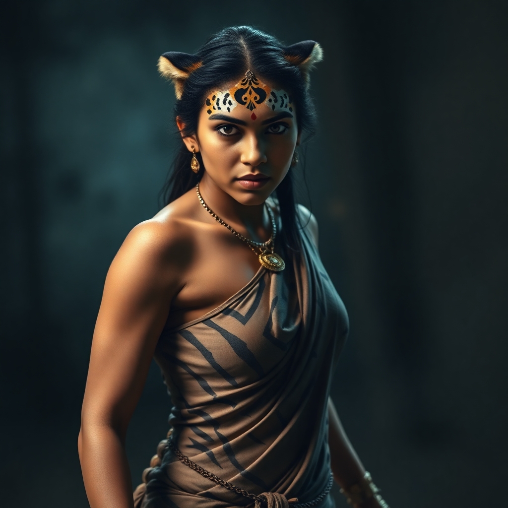 A young indian mother with a full body structure, assumes the shape of a tigress to fight a perpetrator