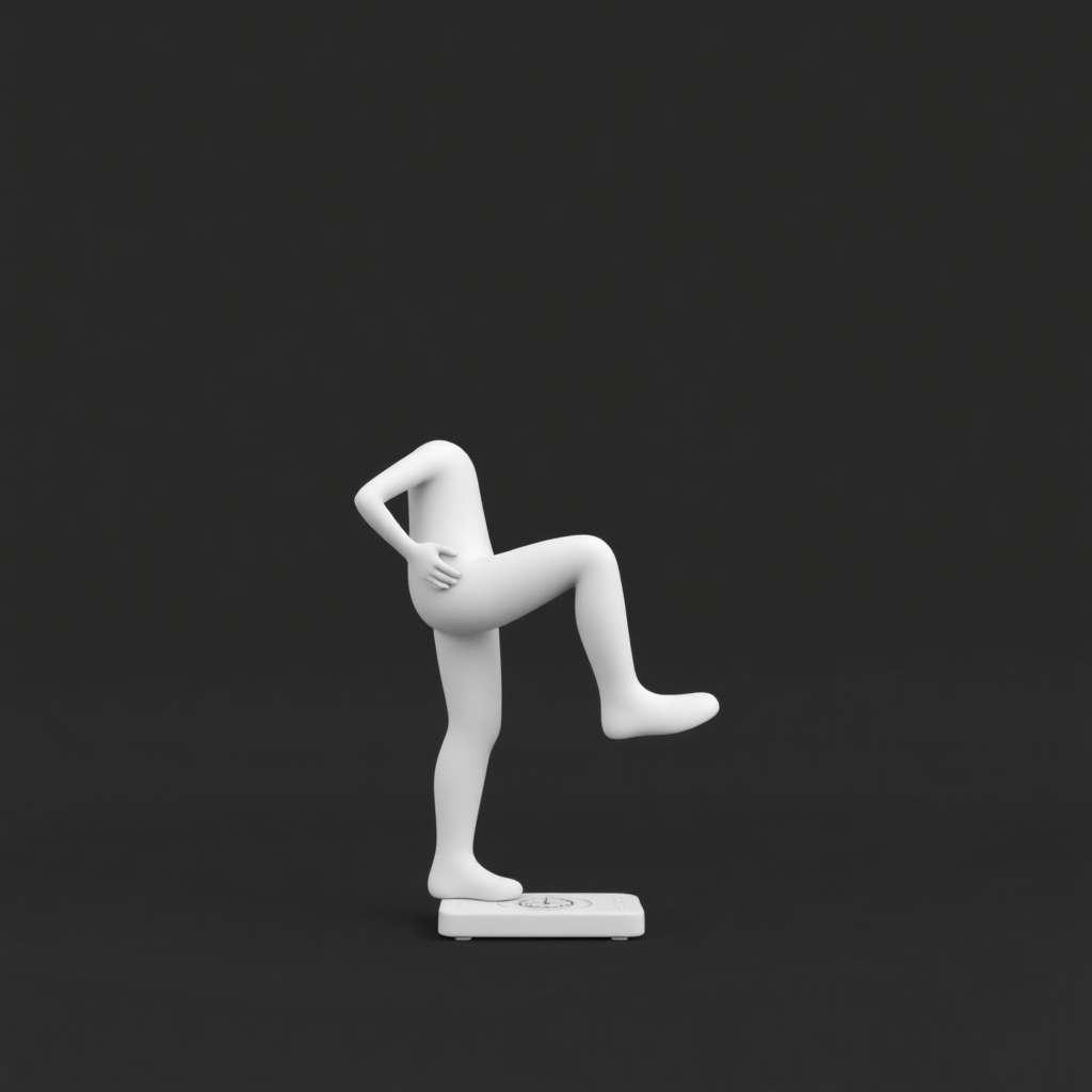 please create a minimalist white-on-white 3d character standing with one foot flat on the floor and the other foot on a scale. Flat black background. no facial features. no elaboration or details.