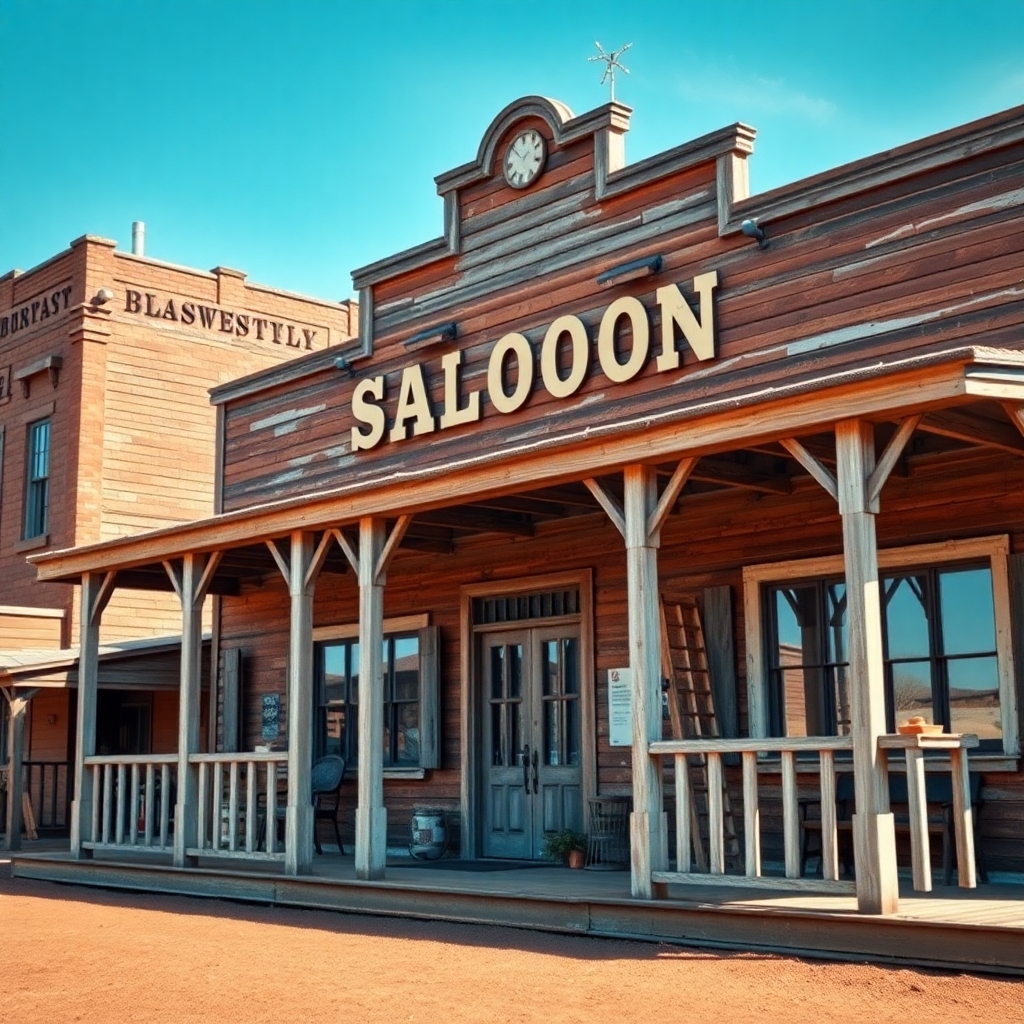 a photorealistic picture of an old wild west saloon building close on the front porch