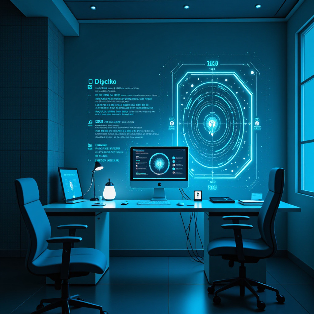A futuristic digital workspace with holographic AI interface projections, minimalist clean desk, cool blue and teal color palette, soft light reflections, subtle tech grid background, perfect for a digital product eBook cover