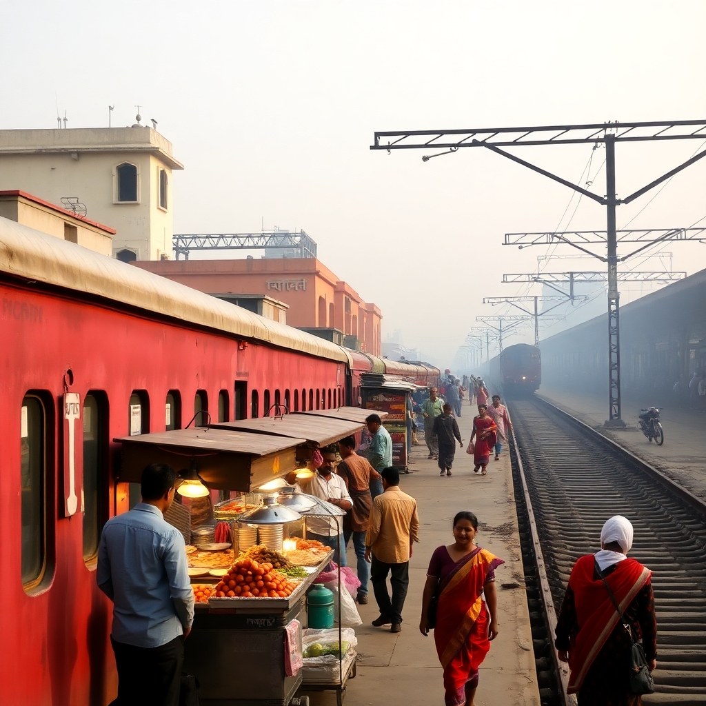 Old Delhi Railway platform with food hawkers & Minarites of red for being included. In light colours