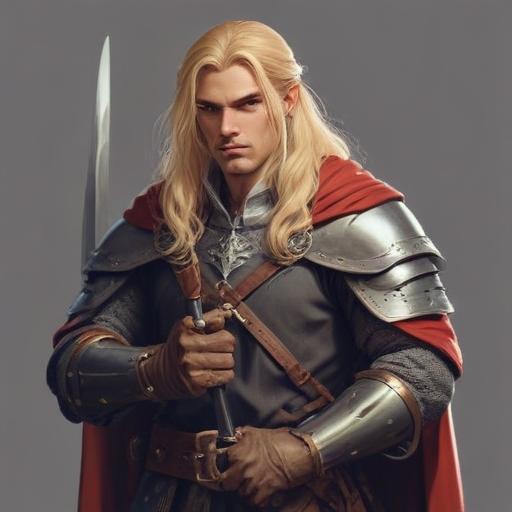 male ranger wearing medieval clothing, long blonde hair, holding a medieval sword