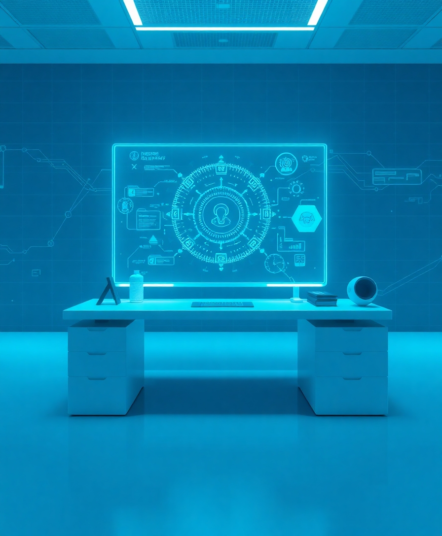 A futuristic digital workspace with holographic AI interface projections, minimalist clean desk, cool blue and teal color palette, soft light reflections, subtle tech grid background, perfect for a digital product eBook cover