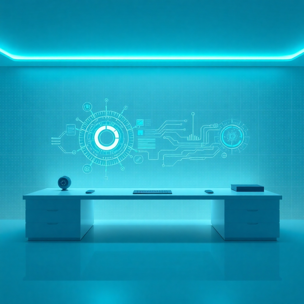 A futuristic digital workspace with holographic AI interface projections, minimalist clean desk, cool blue and teal color palette, soft light reflections, subtle tech grid background, perfect for a digital product eBook cover