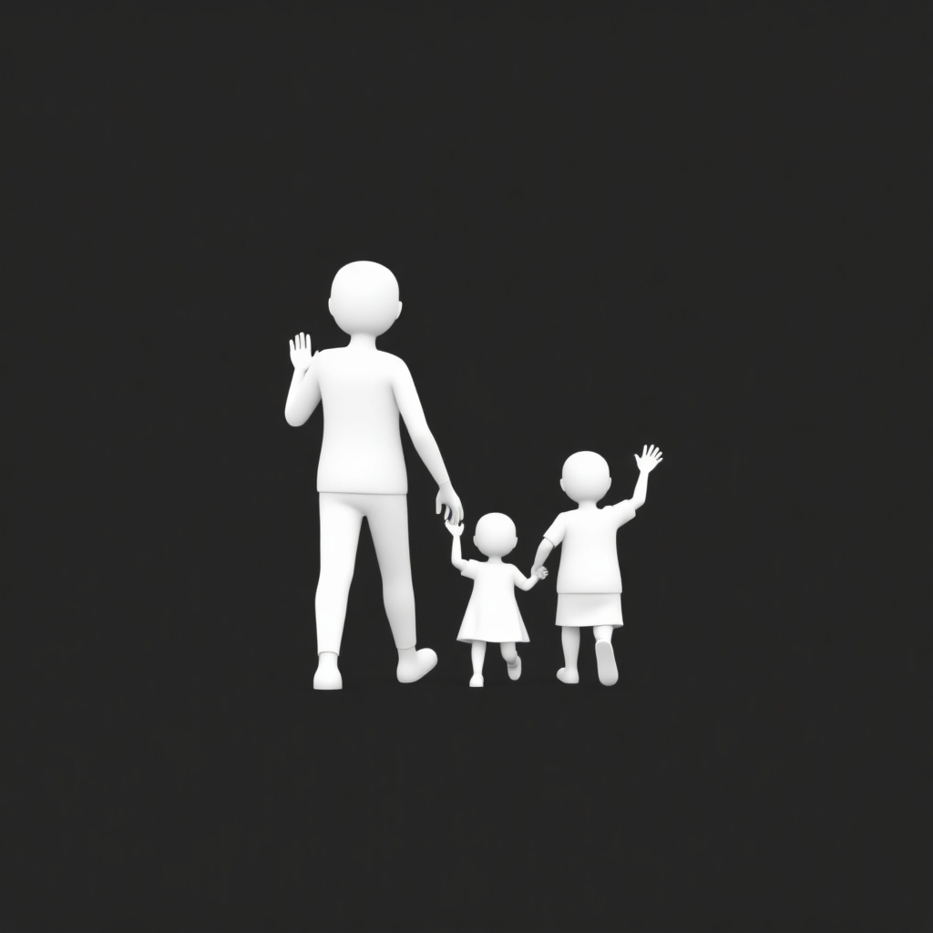 please create an image of a parent and child walking away into the distance waving goodbye minimalist, 3D white-on-white cartoon-like characters with no facial features, no hair, against a flat black background with no elaboration or details.