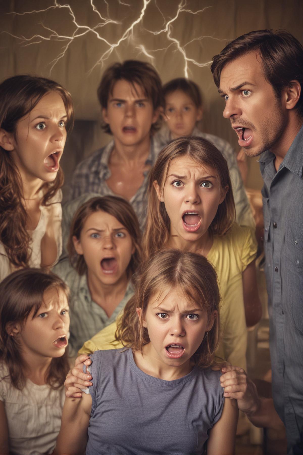 man and woman arguing about child custody with their 10 year old daughter between them looking scared