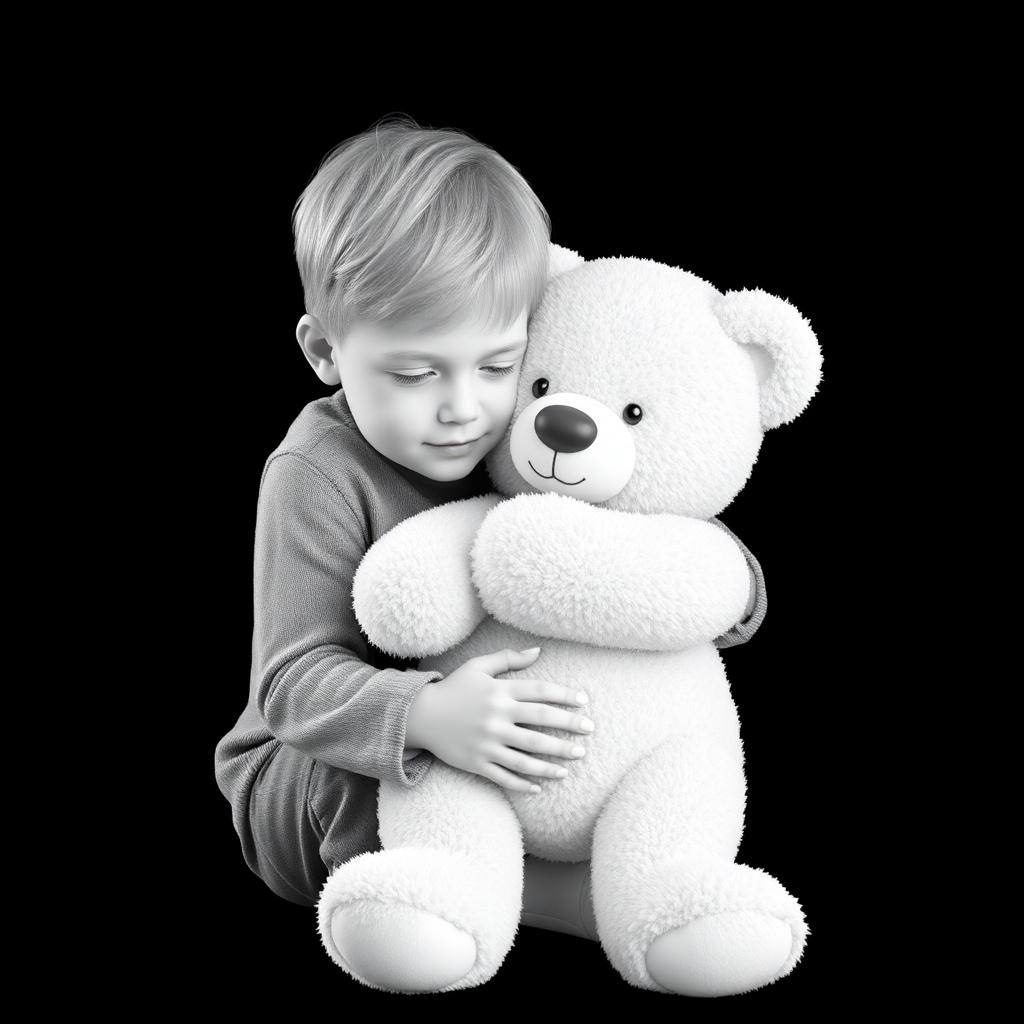 please create a white-on-white 3d image of a 6 yaer old boy cuddling with a beloved teddy bear.  Flat black background. minimalistic.
