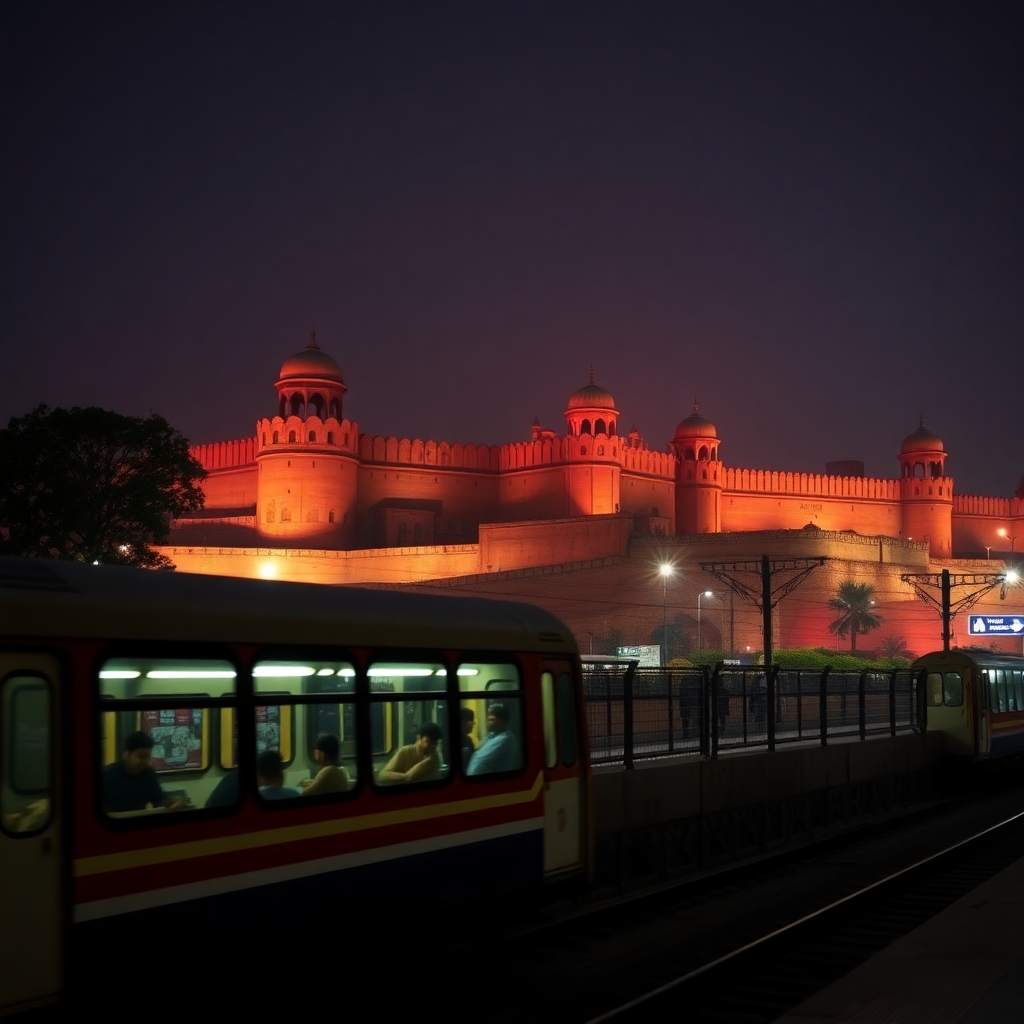 Red fort in the backgroud of Old Delhi Metro station. light colours