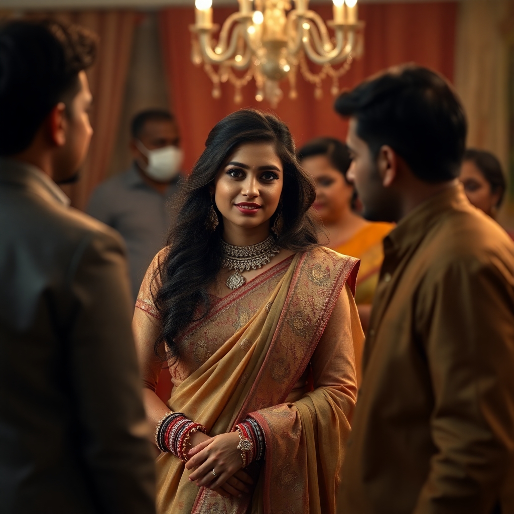 a young bollywood actress lookalike young full body lady is being rejected by the tradional family of the prospective bridegroom. All settings in very rch upper middle class Indian soiety