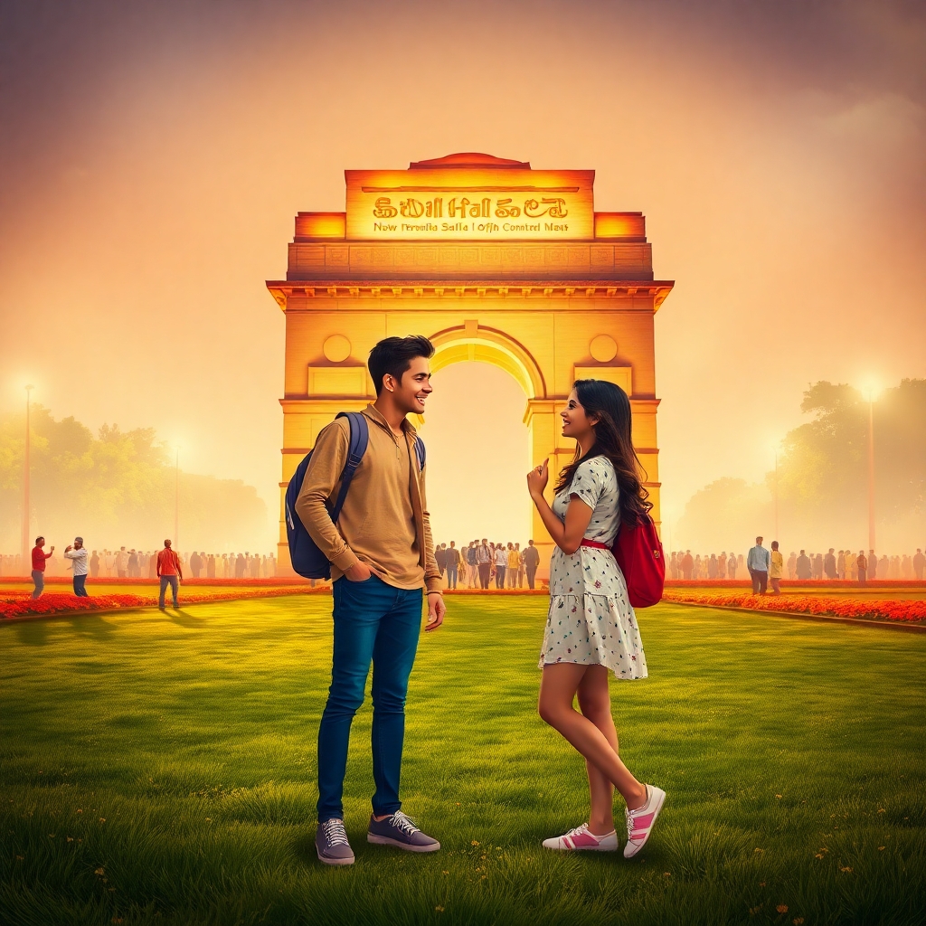 teenage boy and girl friends romantically talking to each other in the India Gate lawna