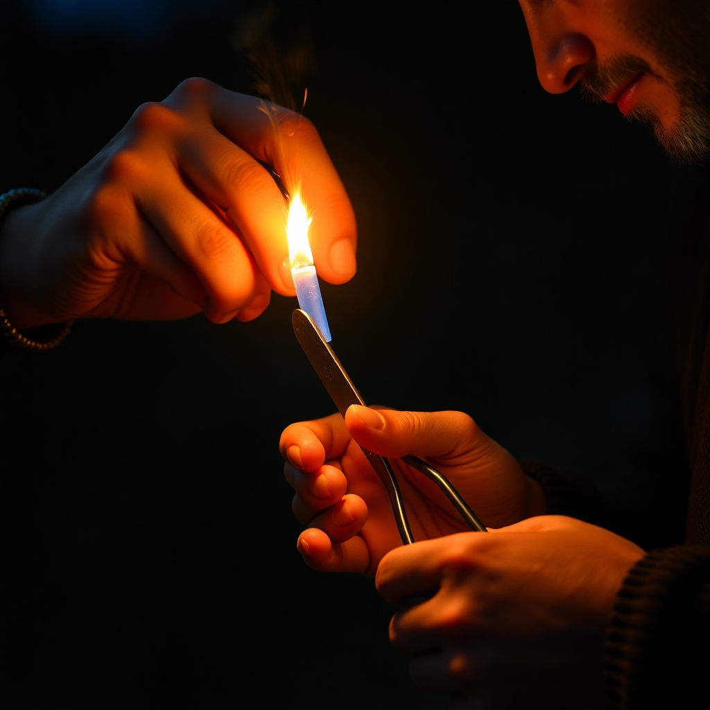 image of a man using a scissors to cut a lit fuse