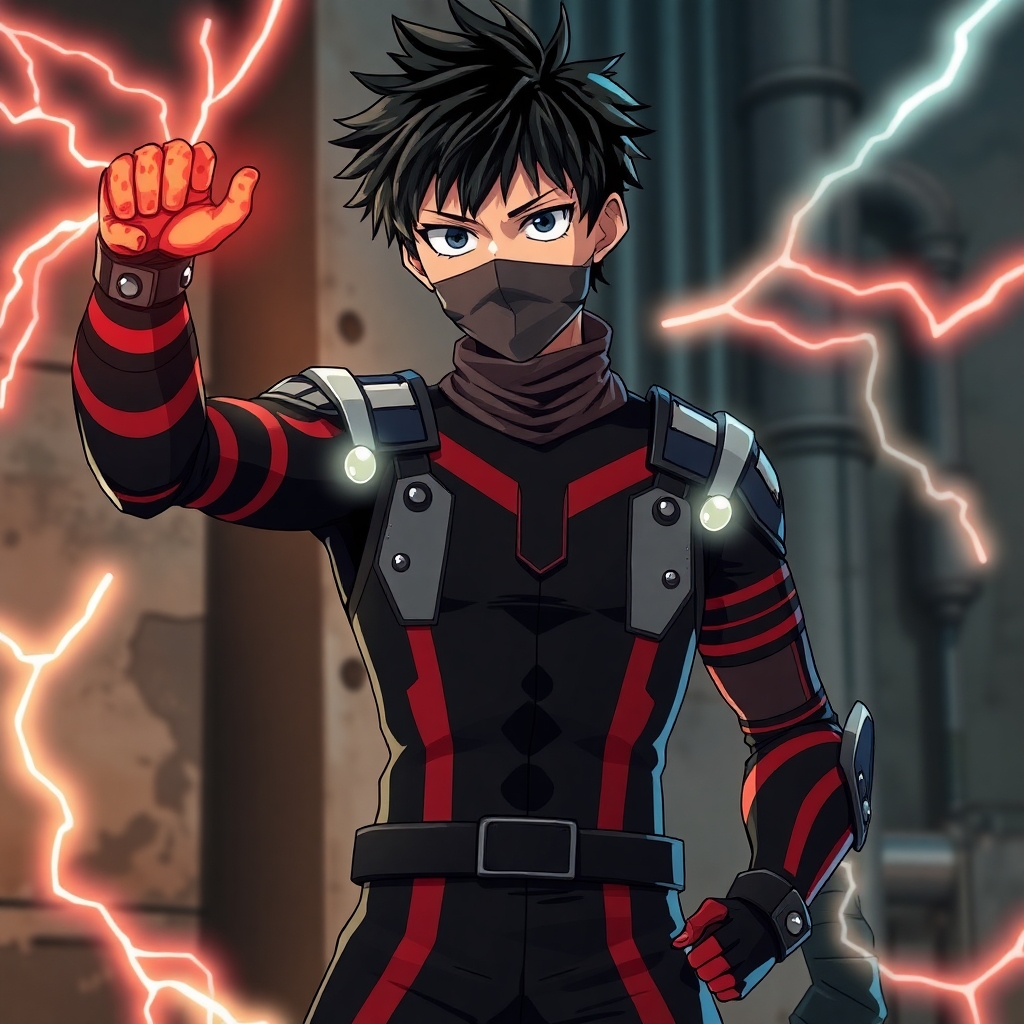 Full-body anime character of a focused teenage boy with short black hair, a cloth mask over his mouth, and burn-scarred arms. His black and red bodysuit is reinforced with insulated plates and glowing filament coils. He stands in a defensive posture, one arm raised with glowing plasma threads stretching outward like wires under tension. Background shows industrial walls partially sliced by plasma. Style of My Hero Academia, tense and technical, glowing thread effects