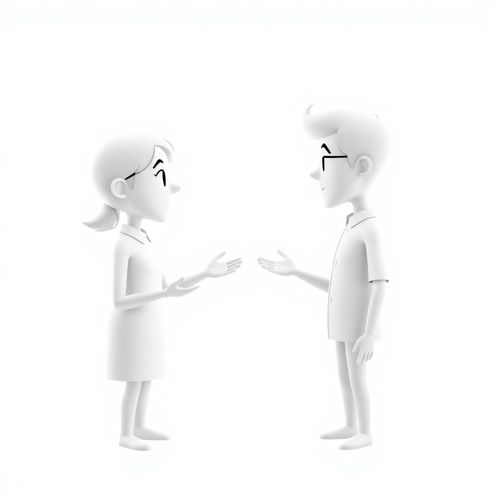 minimalist 3d white-on-white cartoon-like image of a man and a woman arguing no facial features. no hair. no clothes. transparent background.