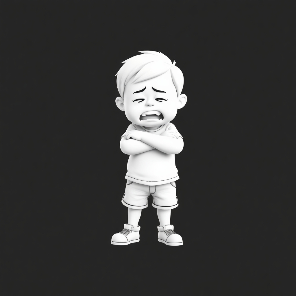 please create a 3d white-on-white cartoon-like image of a child  having a temper tantrum with arms crossed, stomping one foot. flat black background. no elaboration or detail.