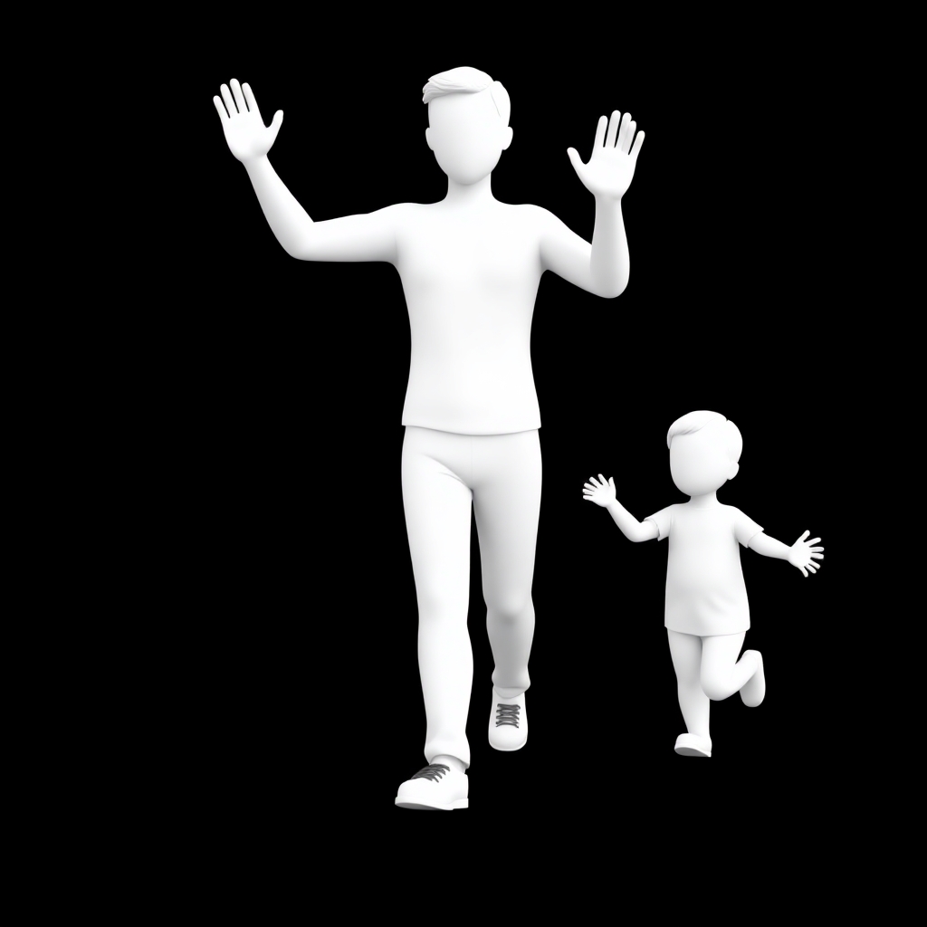 please create an image of a parent and child walking away waving goodbye minimalist, 3D white-on-white cartoon-like characters with no facial features, no hair, against a flat black background with no elaboration or details.