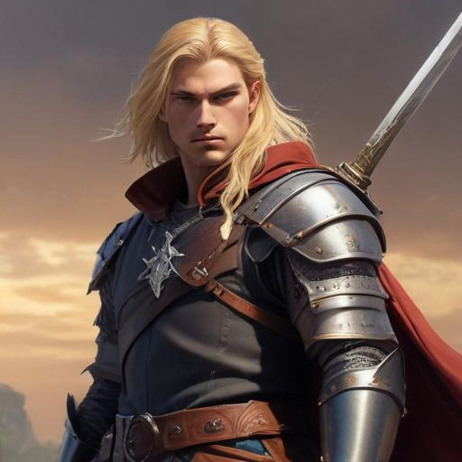 male ranger wearing medieval clothing, long blonde hair, holding a medieval sword "not armor"