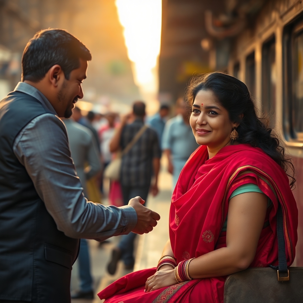 a fair complexioned madhuri dixit like looking lady is being offerred a seat by a young business executive at Old Delhi railway platform in a busy hour. Inc