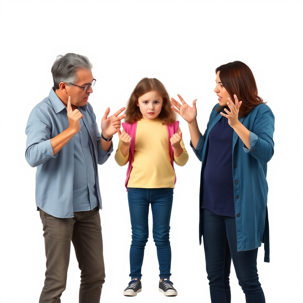 please create a photorealistic image of two parents arguing about their 11 year old daughter who is standing between them. the child looks scared. the adults look angry and are making angry gestures. Flat white background. no detail or elaboration.