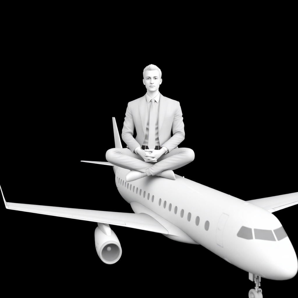 Pls create a 3d white-on-white image of a man wearing a suit sitting cross-legged on top of an airplane. no facial features. no background. flat black background.