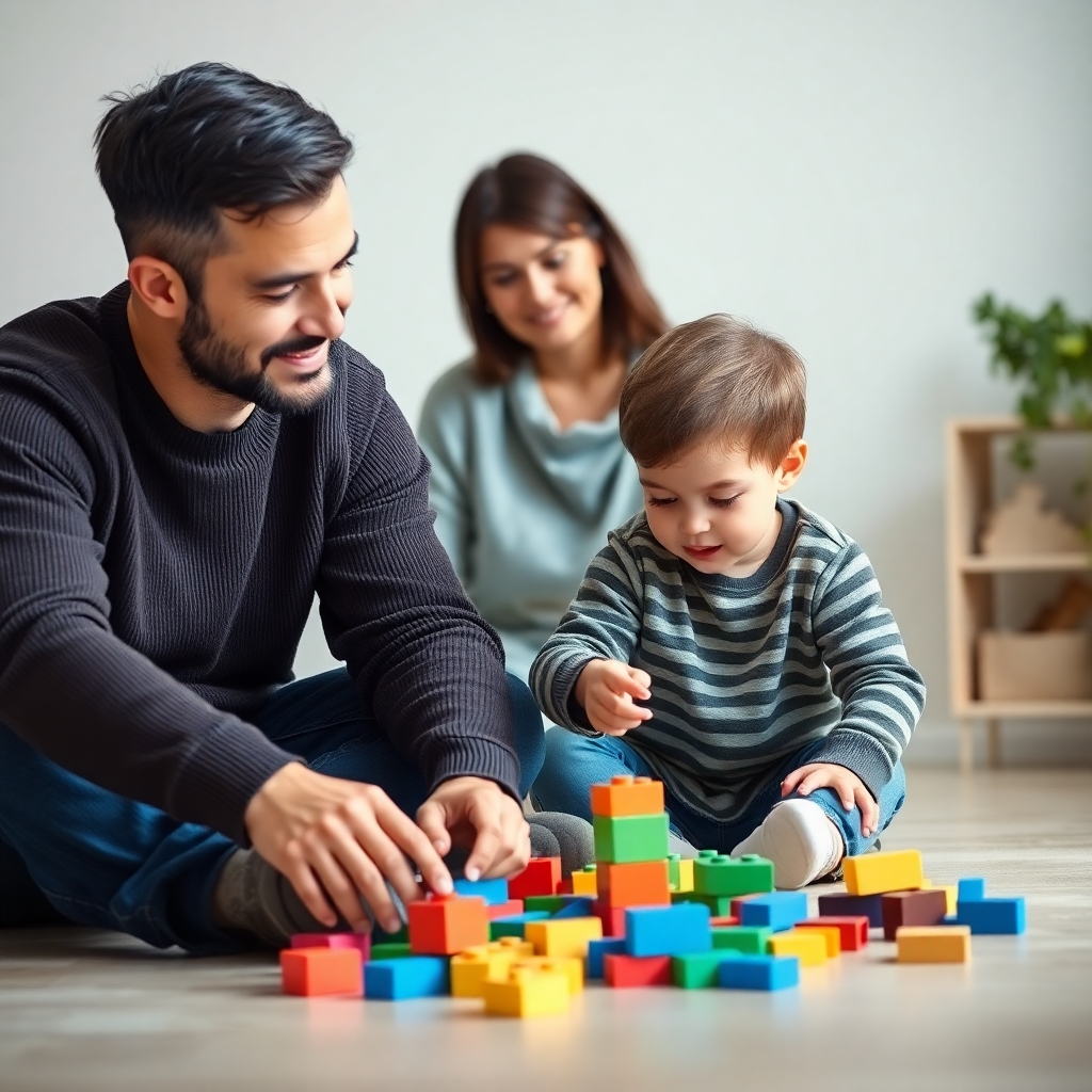 pls create a photorealistic image of a father and 6 year old playing blocks together on the floor with a mother watching fromthe background. Pls assure that all three figures are fully visible on screen. white flat background.