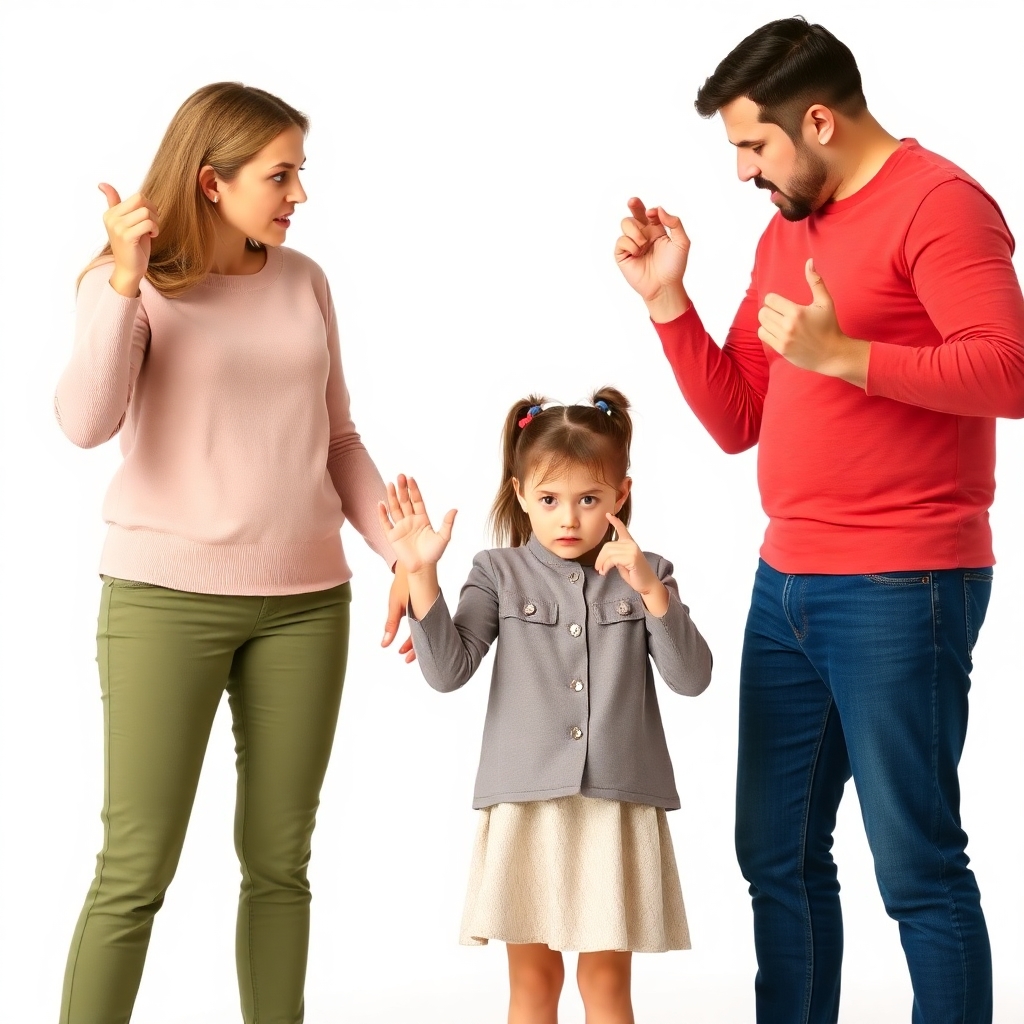 please create a photorealistic image of two parents arguing about their 11 year old daughter who is standing between them. the child looks scared. the adults look angry and are making angry gestures. Flat white background. no detail or elaboration.
