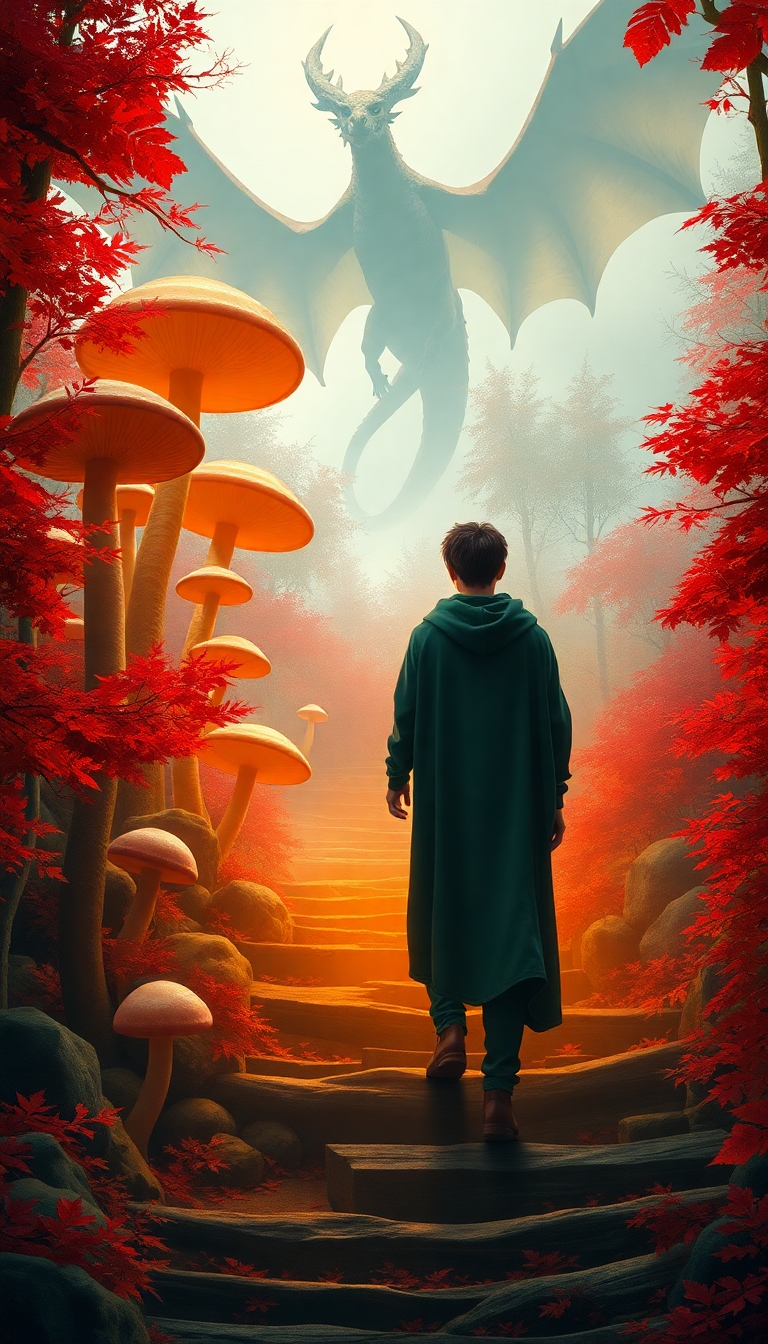 A male teenager in a dark green cloak, back turned, ascending narrow natural steps amidst a mystical autumnal forest with fiery red and orange leaves, giant towering mushrooms and vibrant colors. Giant orange twisted fungi are in the foreground, a dragon with 4 wings looms high up in a misty sky. The scene is bathed in warm, magical light.