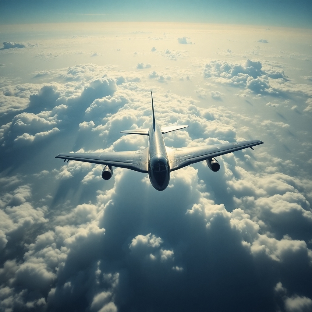 A Cold war era jet bomber flying high above the clouds seen from above