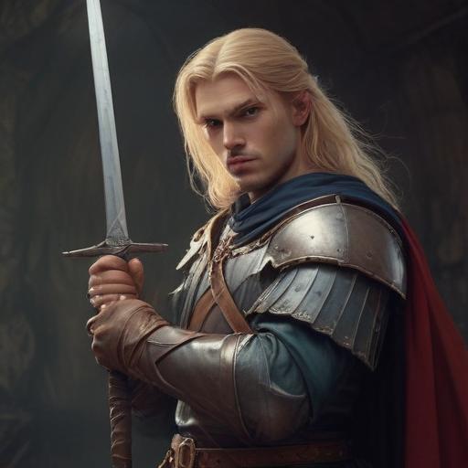 male ranger wearing medieval clothing, long blonde hair, holding a medieval sword "not armor"