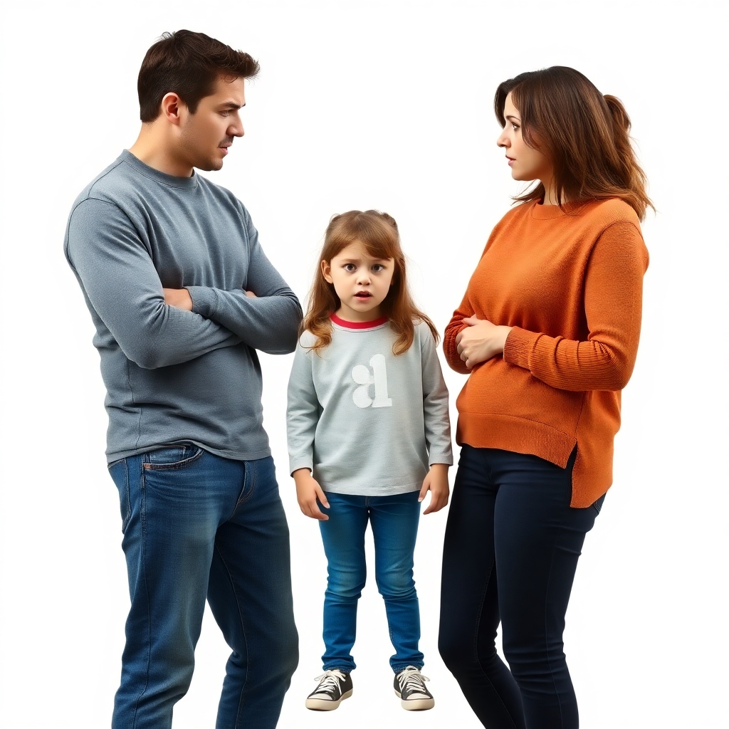 please create an image of a mother and father arguing with their 8 year old daughter standing between them. everyone looks scared and angry. flat white background.