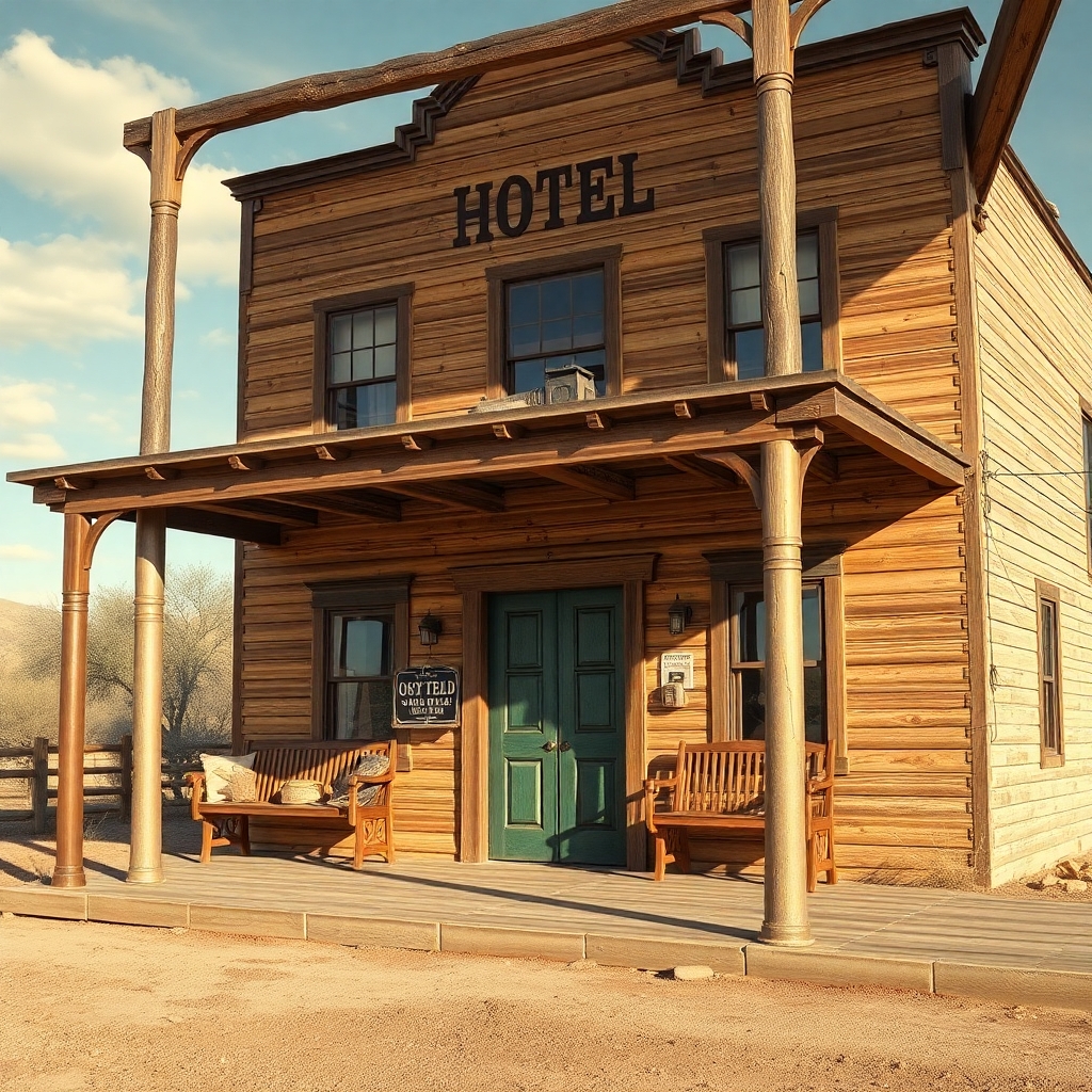 a photorealistic picture of an old wild west Hotel building close on the front porch