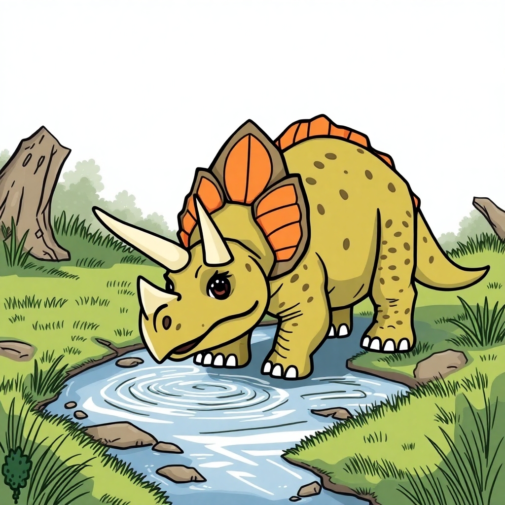 a cartoon drawn Triceratopses drinking from a stream to be used in a children's book.  don't make him too ferocious looking please.