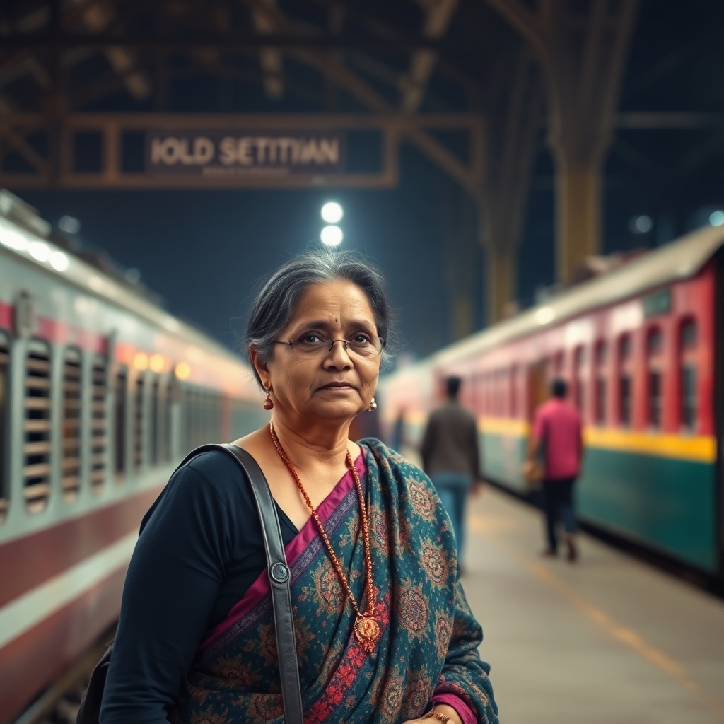 a madhuri dixit like looking lady of 60 years is waiting at the Old Delhi railway station for a social worker