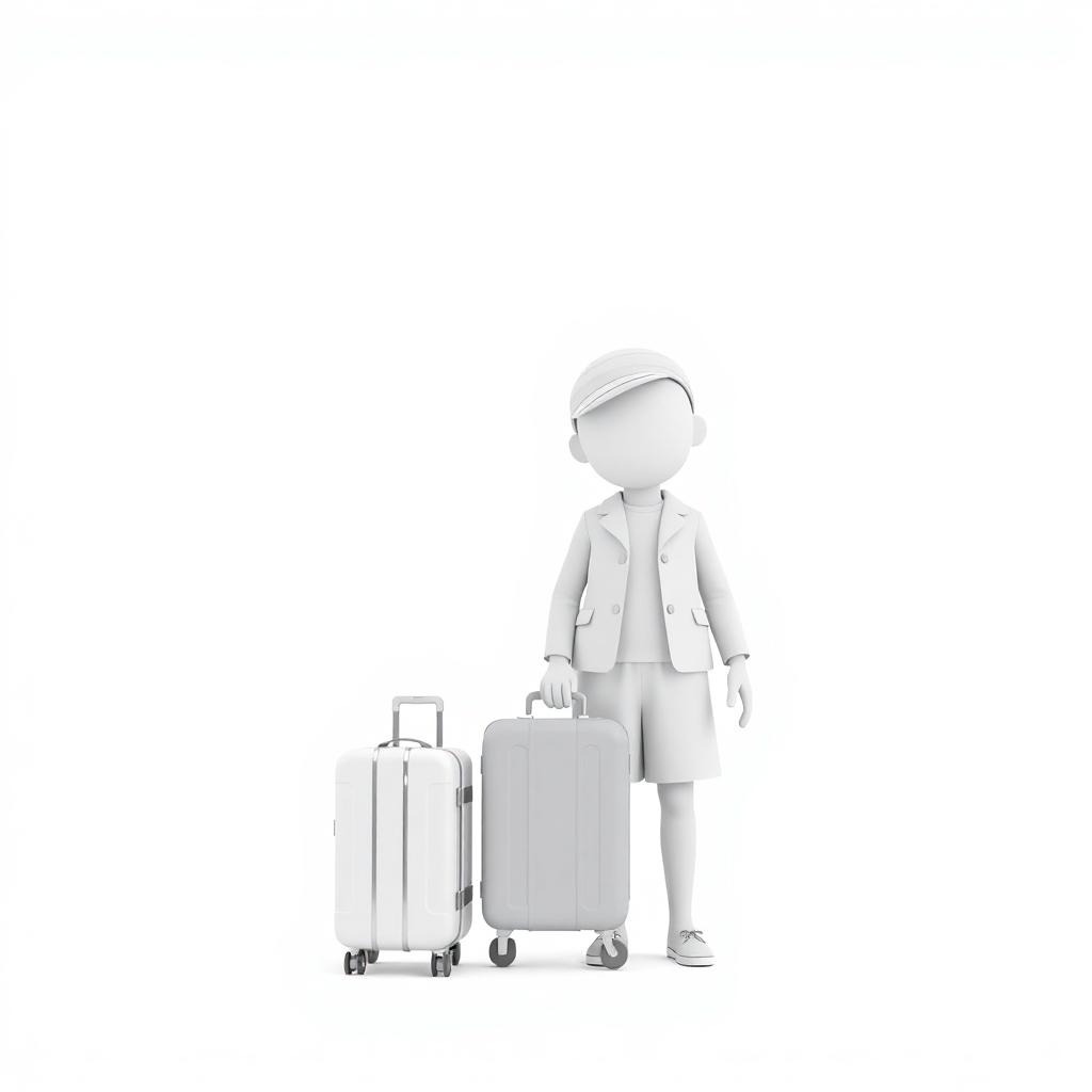 minimalist 3d white-on-white cartoon-like parent and child with suitcases. no facial features. no hair. no clothes. transparent background.