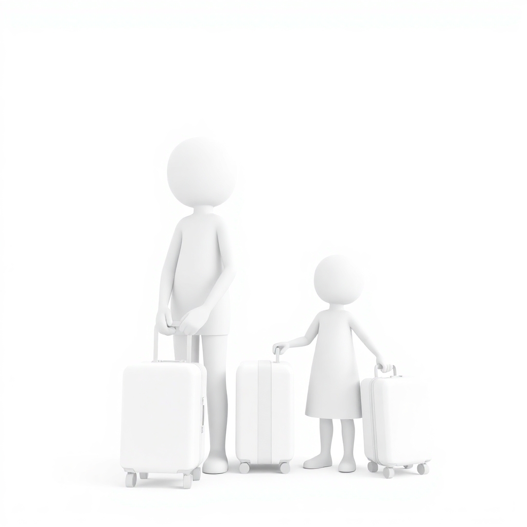 minimalist 3d white-on-white cartoon-like parent and child with suitcases. no facial features. no hair. no clothes. transparent background.