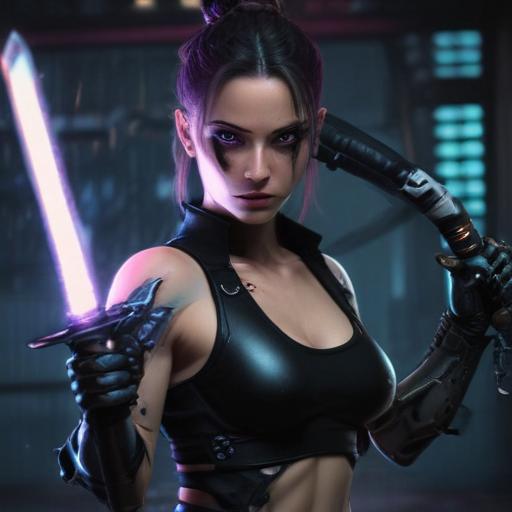 cyberpunk punk girl  with eye and hand implants holding a glowing katana sword ready to do battle with anatomical human anatomy