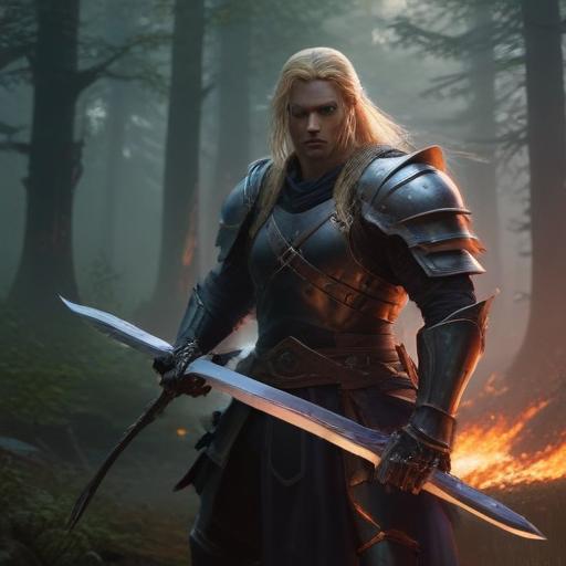 A dark, foreboding DnD fighter wearing padded armor, six-feet tall with long, blonde hair, at daybreak in a forest wielding a sword that has a glowing flame effect, DnD game style